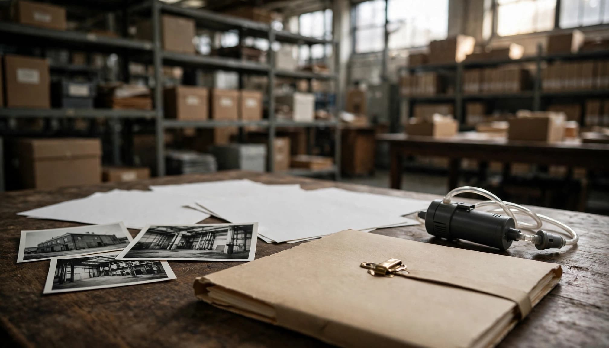 A records-review table in an archive with a closed folder, loose papers, photographs, and an air sampler.